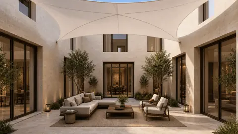 The Compact Stone Villa interior courtyard view architectural render