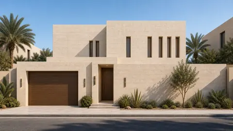 The Compact Stone Villa street exterior hero architectural render