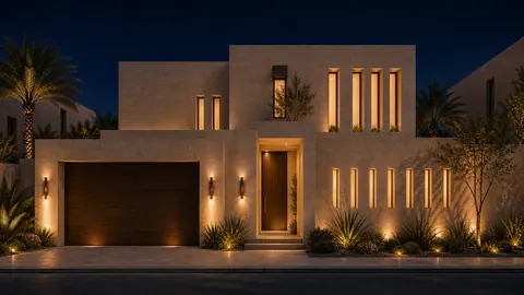 The Compact Stone Villa night exterior hero architectural render